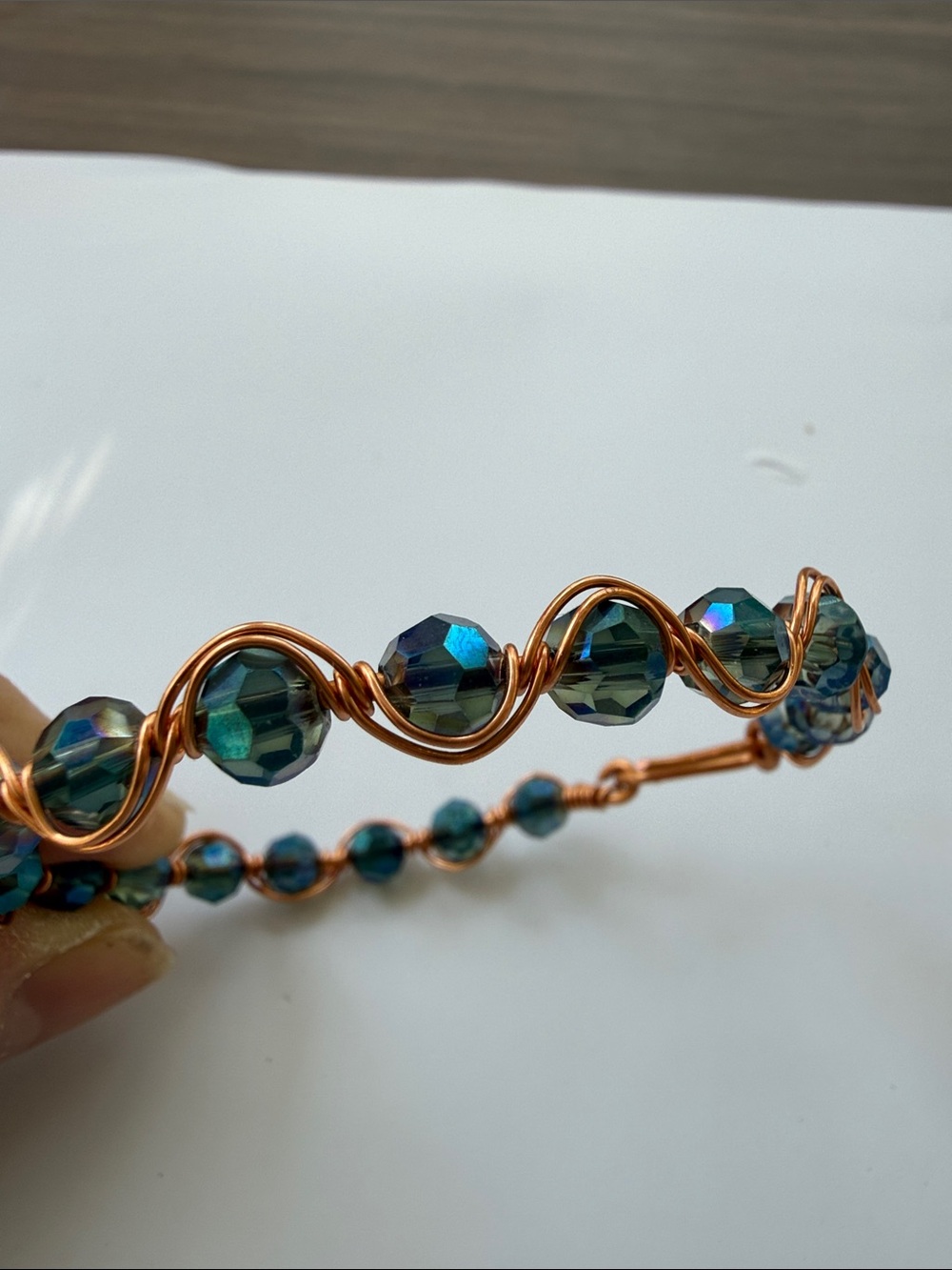 Artisan New Boho Blue Crystal glass Beads / Copper Wired Bracelet Women medium